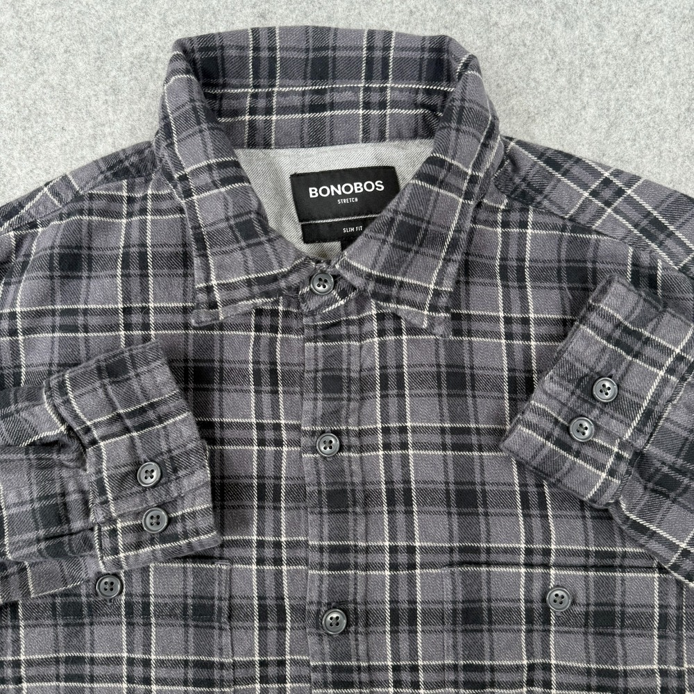Bonobos Men's Flannel Shirt Large Gray Plaid Long Sleeve Slim Fit Stretch Yoke
